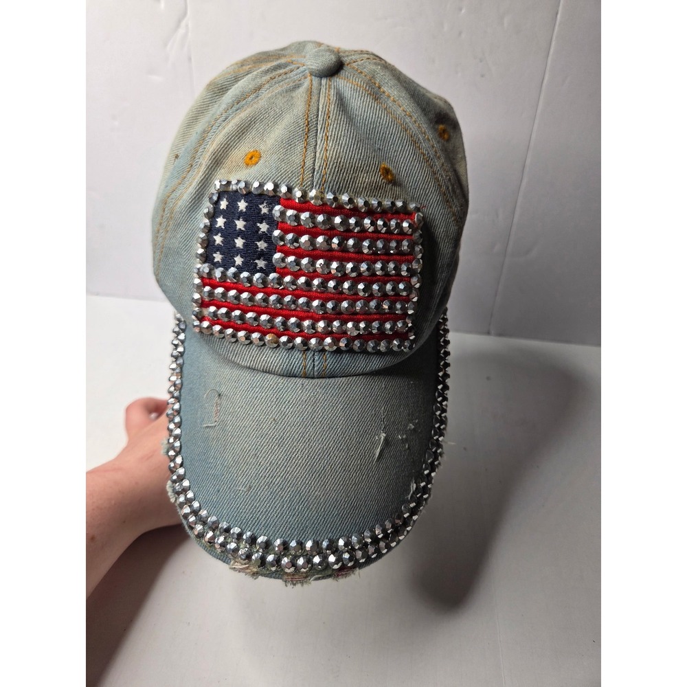 Unbranded American Flag Studded Denim Baseball Cap Light Wash Distressed USA Hat